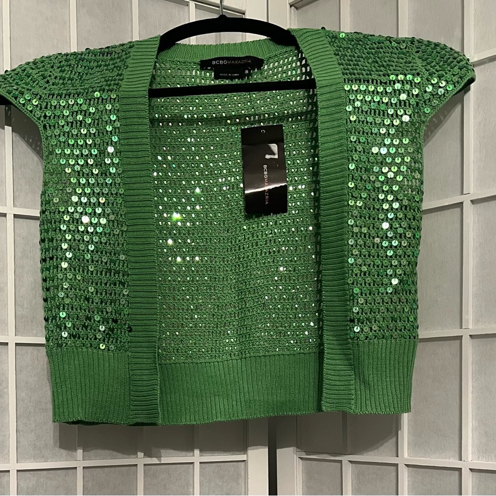 BCBGMaxAzria KIWI Green Sequin Knit Open Cardigan Bolero 100% Silk NWT